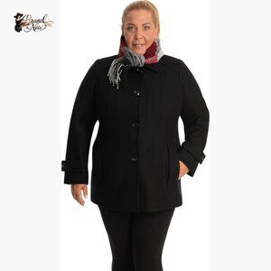 Single-Breasted Wool Blend Pea Coat with Scarf